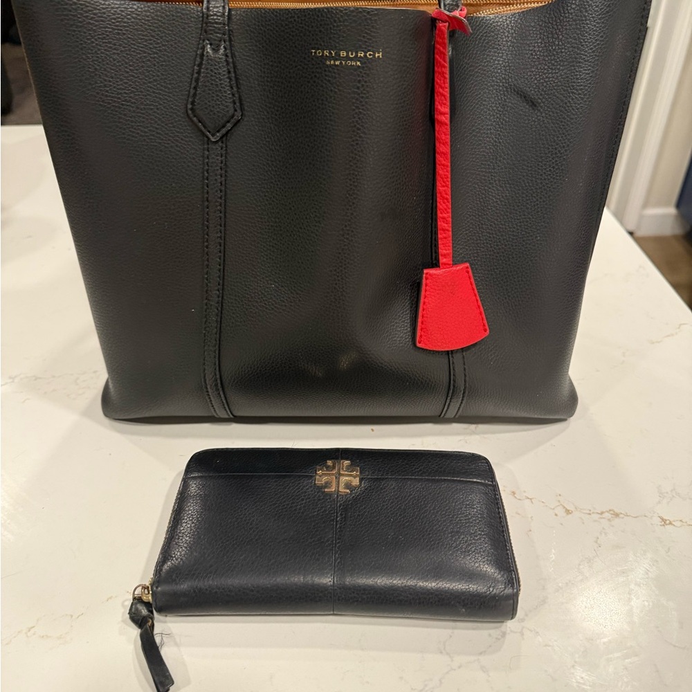 Tory Burch Black Perry Leather Tote and Wallet